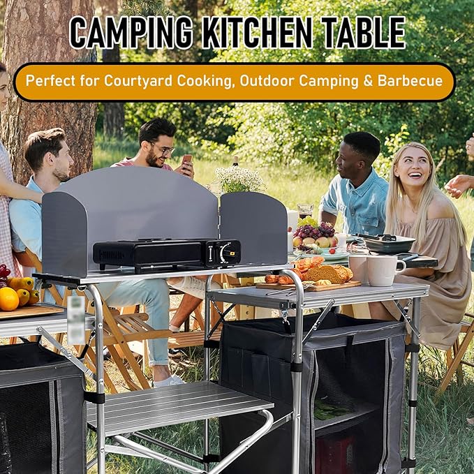 Camping Kitchen Table, Portable Aluminum Outdoor Cooking Station with 2 Storage Cupboards & Carrying Bag, Outdoor Cooking Table for BBQ Beach RV Traveling Picnic (Silver)