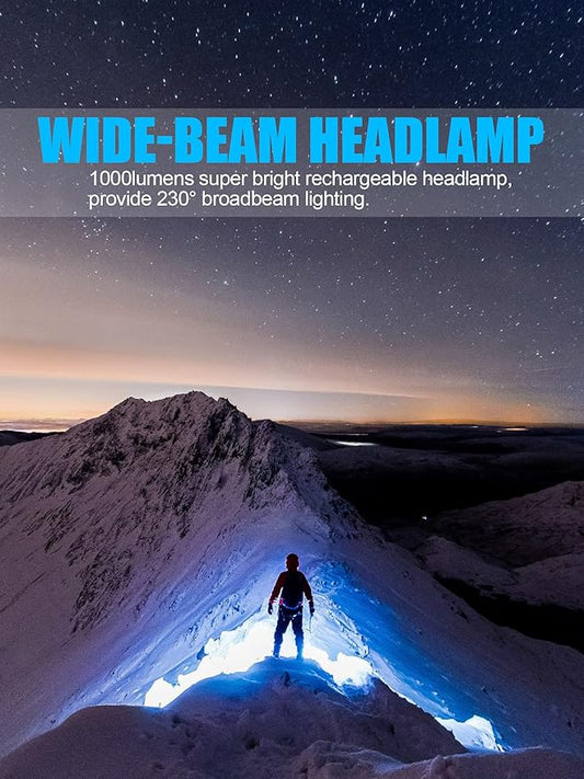 LED Headlamp Flashlight, 1000L 230° Broadbeam Headlight, USB C Rechargeable Head Lamp with Red Taillight, Lightweight Waterproof Headlamps for Camping Running Hiking, Hard Hat Headlamp 4Packs