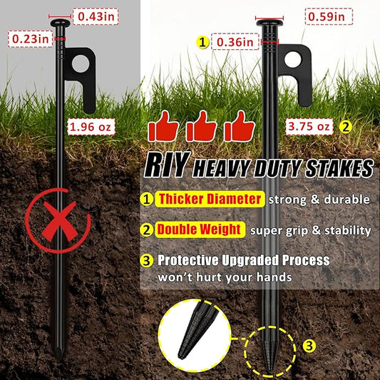 4 Pack Tent Stakes Heavy Duty Metal Tent Pegs for Camping Steel Tent Stakes 8 inch Unbreakable and Inflexible Black