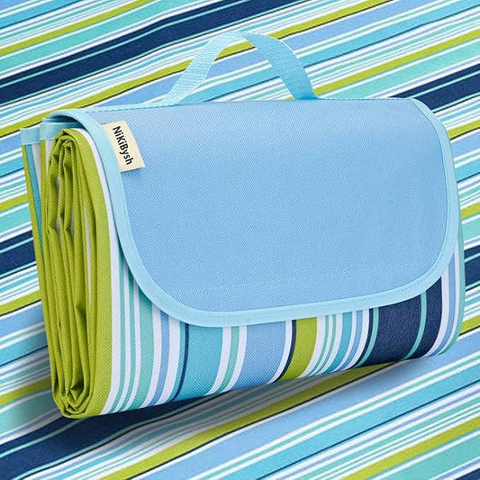 Picnic Blanket Waterproof Washable Foldable 58''x79'',Extra Large Picnic Mat, Dual Layers for Outdoor Water-Resistant Handy Mat, Beach, Intdoor,Camping on Grass - Blue Stripes