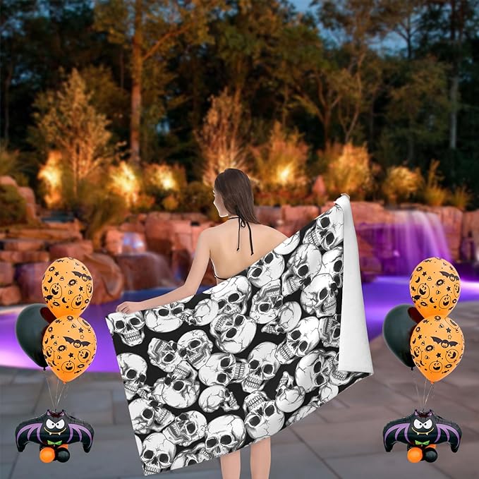 Skull Halloween Beach Towel, Skeleton Quick Dry Super Absorbent Microfiber Bath Towels, Large Towels for Swimming Bathroom Spa Pool 60x30 in