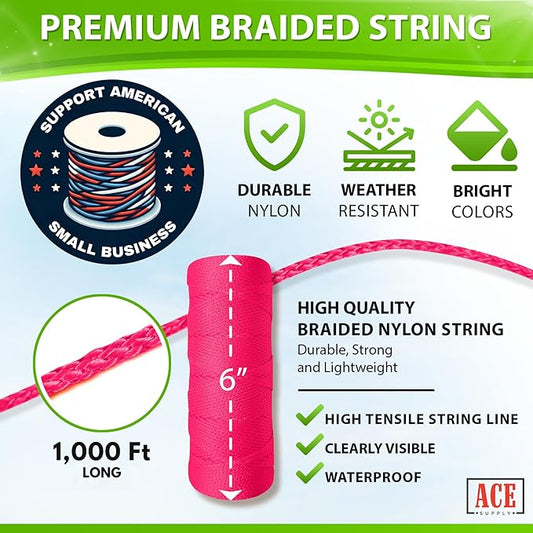 Pink Mason Line String Line - #18 Braided Nylon String - 1,000 Ft Length - Nylon Twine for Gardening Or Masonry Tools - Perfect Construction String for A String Level, Twine String for Gardening
