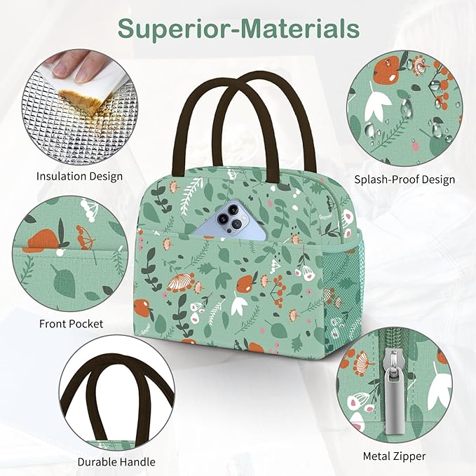 Lunch Bag Lunch Box for Women Men Reusable Insulated Lunch Tote Bag, Handbags Case High Capacity for Travel Work Picnic, Green Leaves