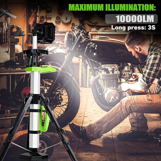 Cordless 10000LM Heavy-Duty LED Work Light on Stand, 4 Modes Super Bright, 9000mAh Rechargeable Work Light with Folding Tripod, Multi-Angle Lighting for Jobsite, Camping, Automotive
