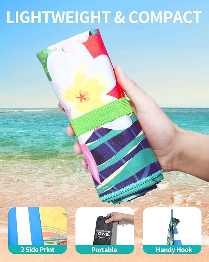 Microfiber Large Beach Towel - Big Camping Towels Fast Drying Lightweight 62x32 Inch, Sand Free Portable Pool Towel with Pouch, Buckles, Elastic Band for Travel, Fitness, Yoga, Sauna, Swim