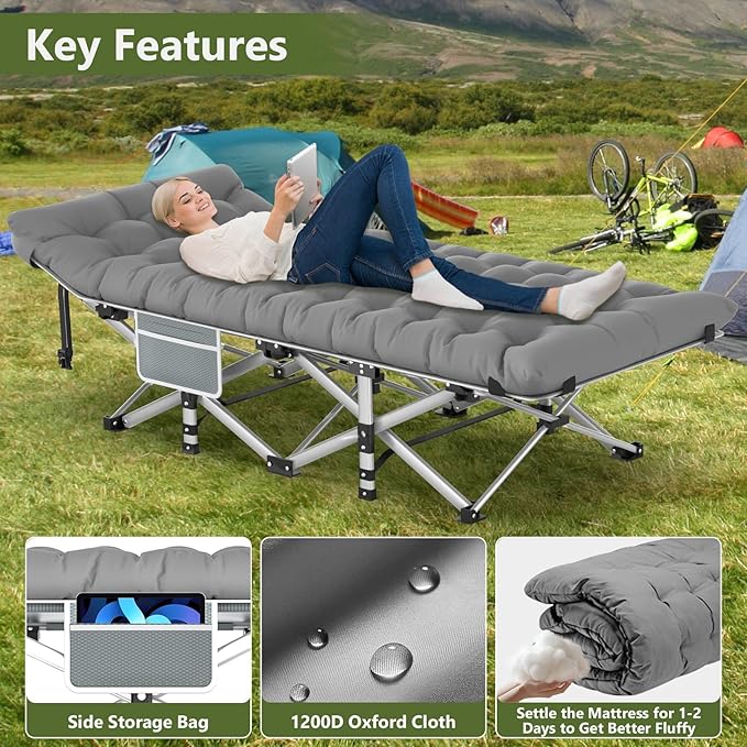 Slendor Camping Cot, Folding Camping Cots for Adults, Portable Sleeping Cot with Carry Bag, 1200D Double Layer Oxford, Camp Cot Bed for Guest Travel, Hiking, Support 500lbs, Charcoal Grey