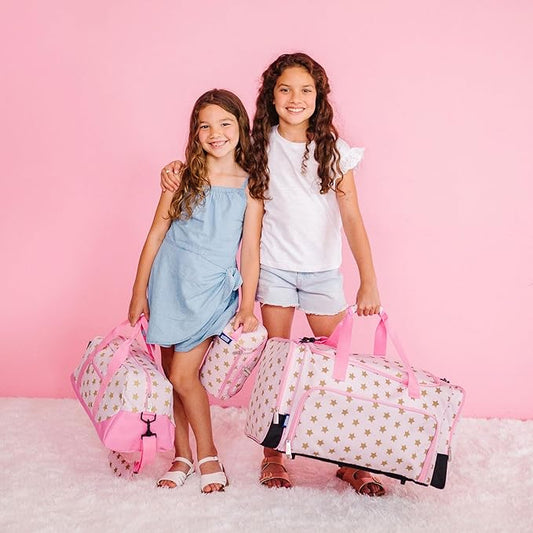 Wildkin Kids Overnighter Duffel Bag – Carry-On Size, Ideal for School & Sleepovers – Pink and Gold Stars