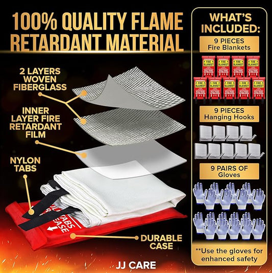 JJ CARE Fire Blanket – 9 Packs with Hooks and Gloves – Emergency Fire Blanket for Home & Kitchen, High Heat Resistant Fire Suppression Blankets for Home Safety, Kitchen, and Camping