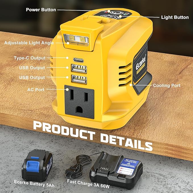 Power Inverter,200W Portable Power Station Generator for DeWALT 20V,Battery Inverter 20v to AC 110v,Supply Charger Adapter with Dual USB,AC Outlet and Type-C with 5Ah Battery & Charger Station Kit