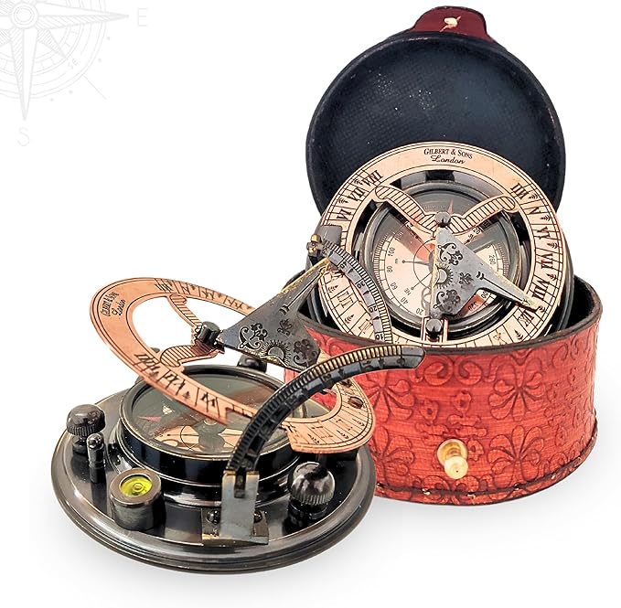 Antique Brass & Copper Sundial Compass, Sundial Clock in Box Gift Sun Clock Ship Replica Watch, Nautical Gifts for Men, Unique Nautical Decor, Naval Maritime Sundial