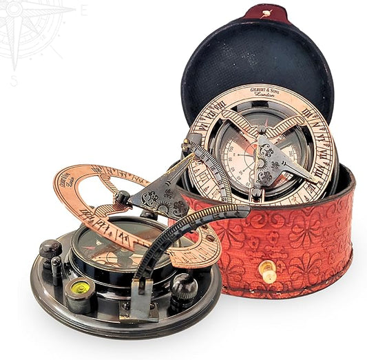 Antique Brass & Copper Sundial Compass, Sundial Clock in Box Gift Sun Clock Ship Replica Watch, Nautical Gifts for Men, Unique Nautical Decor, Naval Maritime Sundial