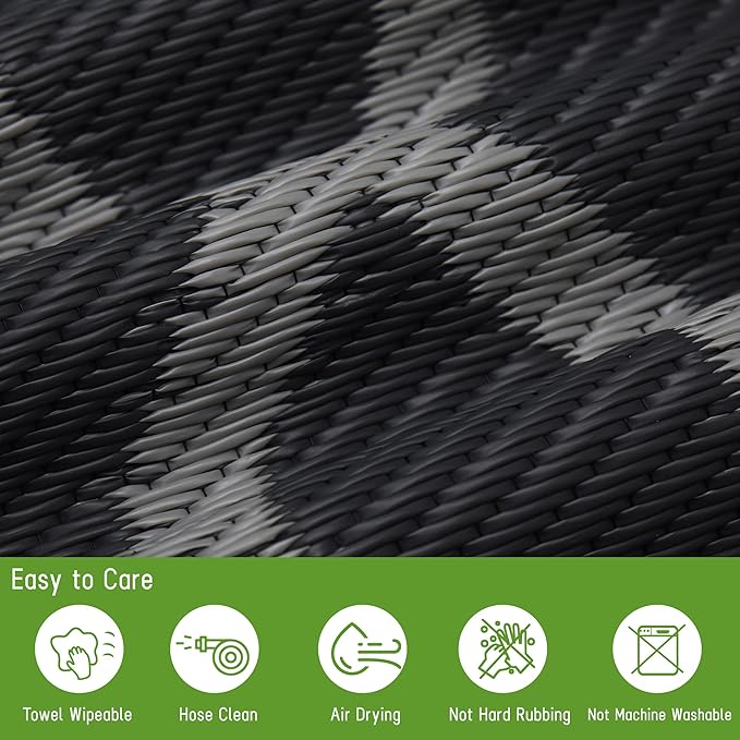 Easy-Going Reversible Outdoor Rugs 4x6ft Waterproof Plastic Straw Rug Stain & UV Resistant Floor Mat for Patio Porch RV Backyard Pool Deck Picnic Beach Trailer Camping (Moroccan Black & Grey)