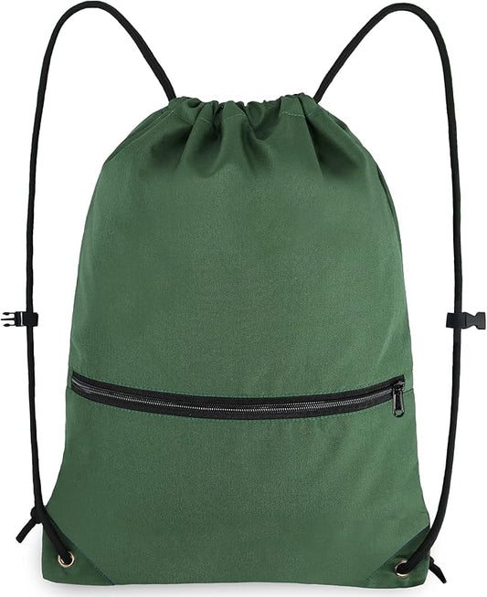 Drawstring Backpack Sports Gym Bag for Women Men Large Size With Two Zipper Pockets and Water Bottle Mesh Pockets