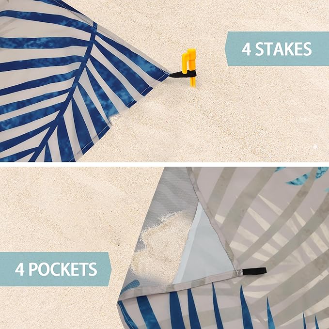 Extra Large Tropical Beach Blanket Waterproof Sandproof, Palm Leaf Design Beach Mat for 4 Adults w/Stakes & Sand Pockets, Lightweight Outdoor Blanket for Camping, Hiking Vacation Essentials