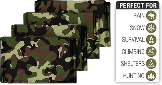 Swiss Safe Emergency Mylar Thermal Blankets + Bonus Space Blanket - Compact & Insulated for Cold Weather - Designed for NASA, Outdoor Camping, Survival, First Aid Car Kit - Woodland Camo, 4 Pack