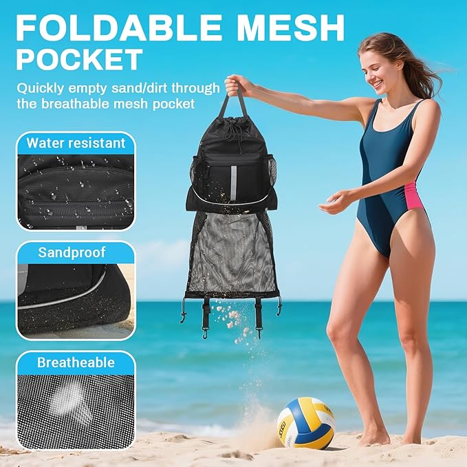 Drawstring Backpack, Waterproof Sandproof Beach Backpack for Sport Gear Small Gym Bag with Hidden Ball Net Pocket and Seperated Wet Pocket Draw String Back Bag for Women Men, Black