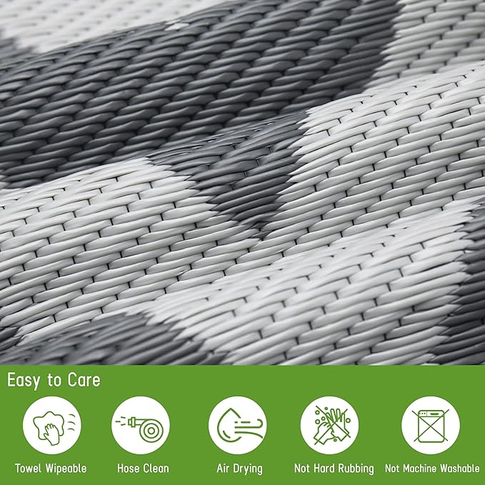 Easy-Going Reversible Outdoor Rugs 9x12ft Waterproof Plastic Straw Rug Stain & UV Resistant Floor Mat for Patio Porch RV Backyard Pool Deck Picnic Beach Trailer Camping (Waved Grey & Light Grey)