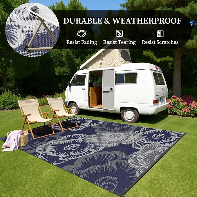 MontVoo Outdoor Rug 8x10 Waterproof Patio Rug-Outdoor Carpet Mat Reversible Plastic Straw Outside Outdoor Rug for RV Camping Picnic Beach Balcony Backyard Pool Deck Farmhouse Floral Navy Blue
