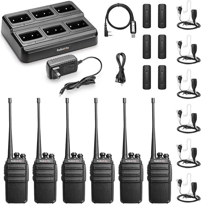 Radioddity GA-2S Long Range Walkie Talkies for Adults UHF Two Way Radio Rechargeable with Micro USB Charging + Air Acoustic Earpiece with Mic + Programming Cable, for School Retail Business (6 Pack)