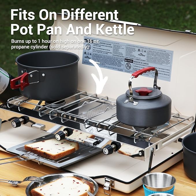 Camping Stove, 3 Burners Propane Portable Camp Stove with Regulator, Push-Button Instant Ignition, Adjustable Burners & Wind Guards for Car BBQ Picnics Outdoor Cooking (BEIGE-20400 BTUs)