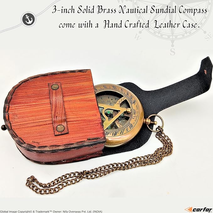 Nautical Sunclock Compass Handmade Solid Brass Vintage Style Sundial Push Open Navigational Compass with Leather Gift Case Best for Your Loved Ones