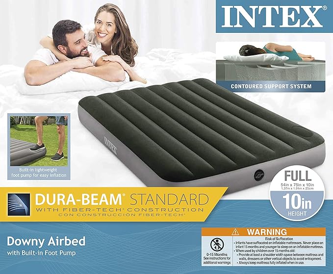 Intex 64762E Dura-Beam Standard Downy Air Mattress: Fiber-Tech – Full Size – Built-in Foot Pump – 10in Bed Height – 600lb Weight Capacity