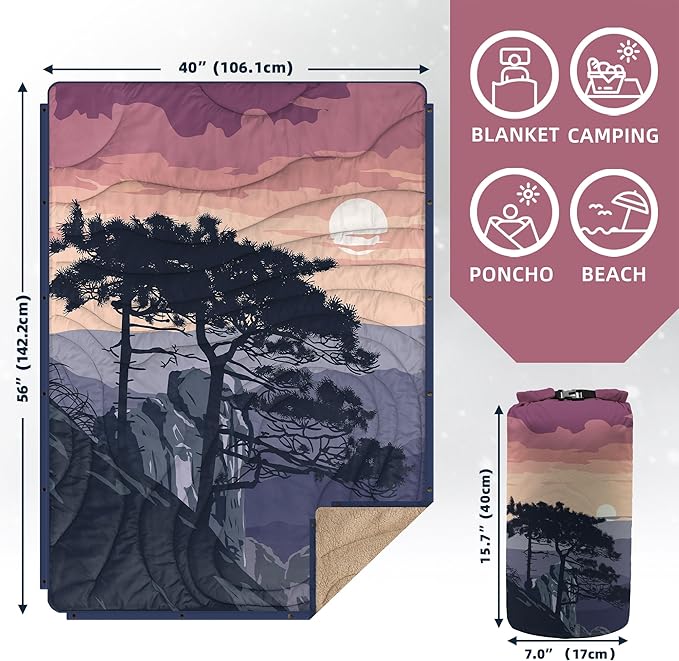 Outdoor Camping Blanket with Sherpa Lining, Extra Warm Thick Camp Blankets & Puffy Ultralight Soft Poncho DWR Camping Quilt for Cold Weather, Adventure,Sleeping,Backpacking 56"x 40"