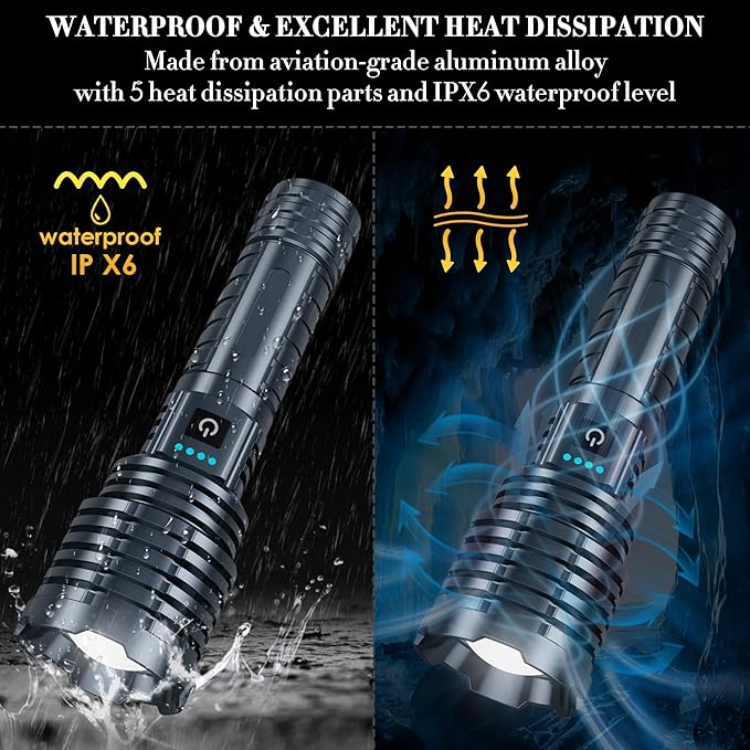 Super Bright Rechargeable Flashlights 2400000 High Lumen, Powerful LED Flashlight, IPX7 Waterproof Floodlight & Spotlight Flashlight 2-in-1 W/5 Modes for Camping, Emergency, Search & Rescue