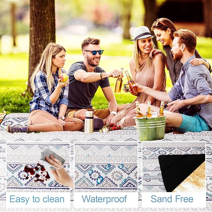 Picnic Blanket Extra Large(79" x 82"), 3-Layer Thickening Camping Blanket, Machine Washable Outdoor Blanket, Wear-Resistant, Soft and Comfortable, Sandproof Beach Mat for Beach, Park, Lawn