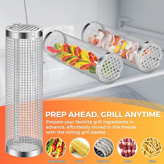 Rolling Grilling Basket, 2 PCS BBQ Grill Basket， Stainless Steel Grill Mesh with Grilling Accessories, Portable Outdoor Camping BBQ Grill Nets Cylinder for Fish, Shrimp, Vegetables, Meat