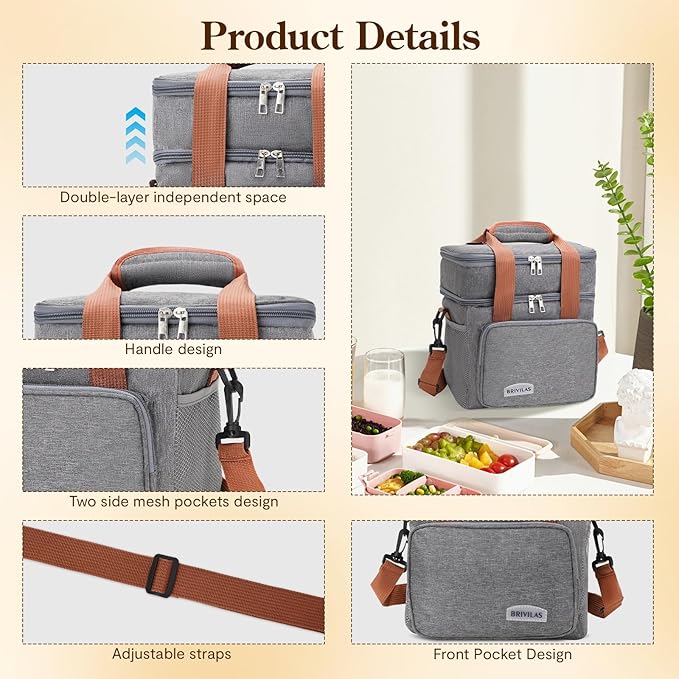 Double Insulated Lunch Bag for Women/Men, Thermal Lunchbox Leakproof Waterproof Cooler Bag with Adjustable Shoulder Strap for Adults, Lunch Bag for Work Office Camping Travel (12L, Gray)