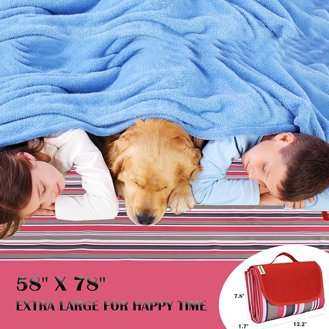Picnic Blanket Waterproof Washable Foldable 58''x78'',Extra Large Picnic Mat, Dual Layers for Outdoor Water-Resistant Handy Mat, Beach, Intdoor,Camping on Grass - Red Stripes