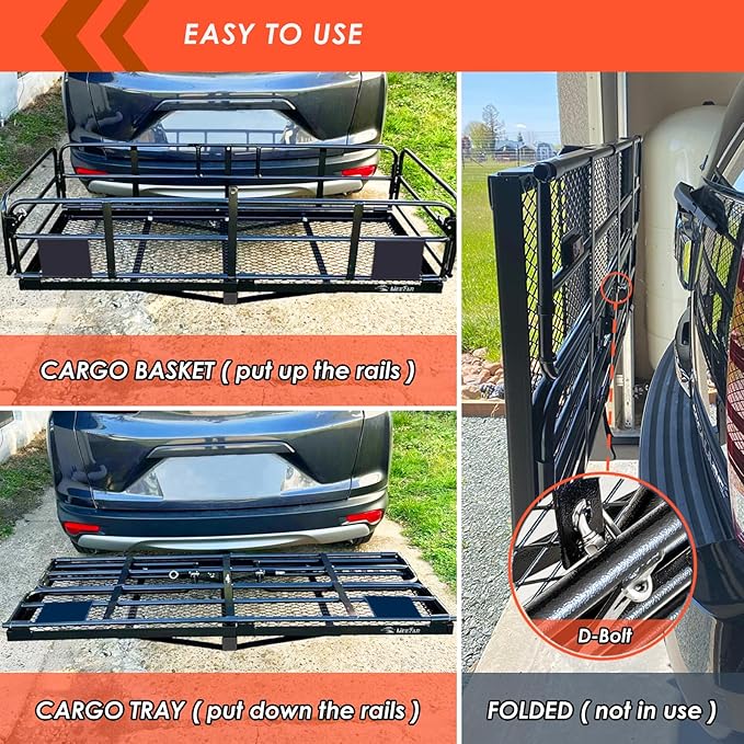MeeFar High Rail Trailer Folding Hitch Mount Cargo Carrier Basket 60" X 24" X 14"+Waterproof Cargo Bag 20 cu ft(59" 24" 24"), Capacity of 500 Lbs with Hitch Stabilizer, Net, Lock and Straps