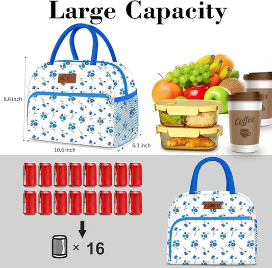 Coobiiya Lunch Bag Women, Lunch Box for Women Adult Men, Small Lunch Bag Leak-proof Cute Lunch Tote Large Capacity Reusable Insulated Cooler for Work/Office/Picnic/Travel-Blue Daisy