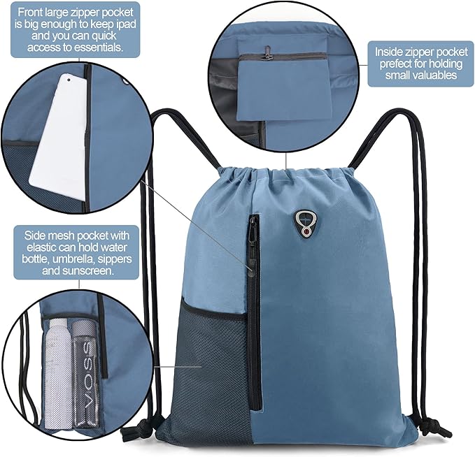 Drawstring Backpack Sports Gym Bag for Women Men Large Size With Two Zipper Pockets and Water Bottle Mesh Pockets