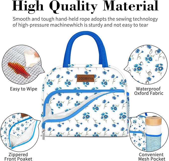 Coobiiya Lunch Bag Women, Lunch Box for Women Adult Men, Small Lunch Bag Leak-proof Cute Lunch Tote Large Capacity Reusable Insulated Cooler for Work/Office/Picnic/Travel-Blue Daisy