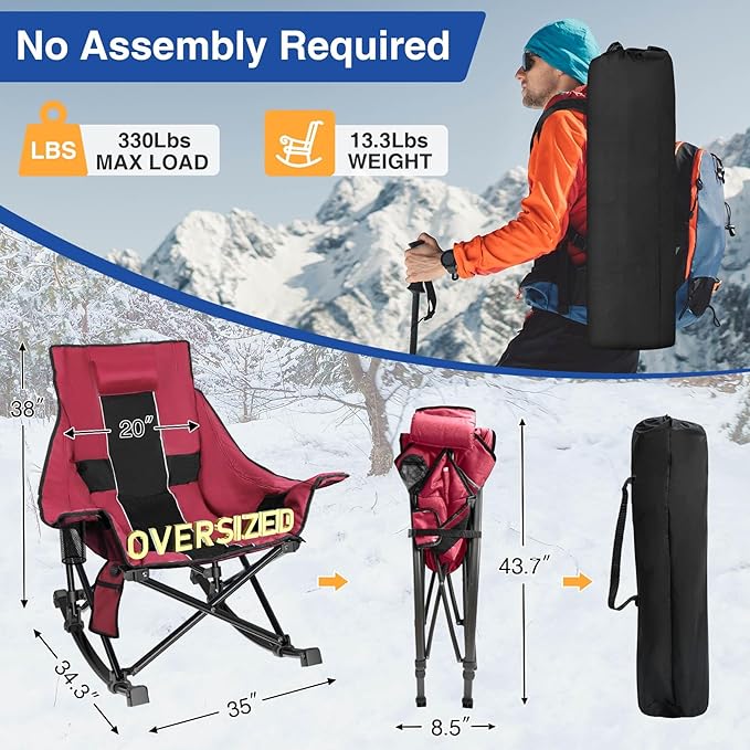Slendor Oversized Rocking Camping Chair, XL Heated Camping Chair w/ 3 Levels Heat for Back+Seat, Padded Rocking Lawn Chair with 20000 mAh Power Bank, Pillow, Side Pocket, Carry Bag, Wine Red