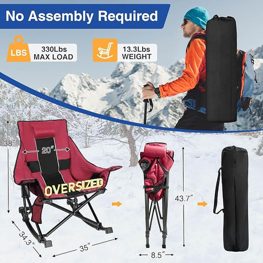 Slendor Oversized Rocking Camping Chair, XL Heated Camping Chair w/ 3 Levels Heat for Back+Seat, Padded Rocking Lawn Chair with 20000 mAh Power Bank, Pillow, Side Pocket, Carry Bag, Wine Red