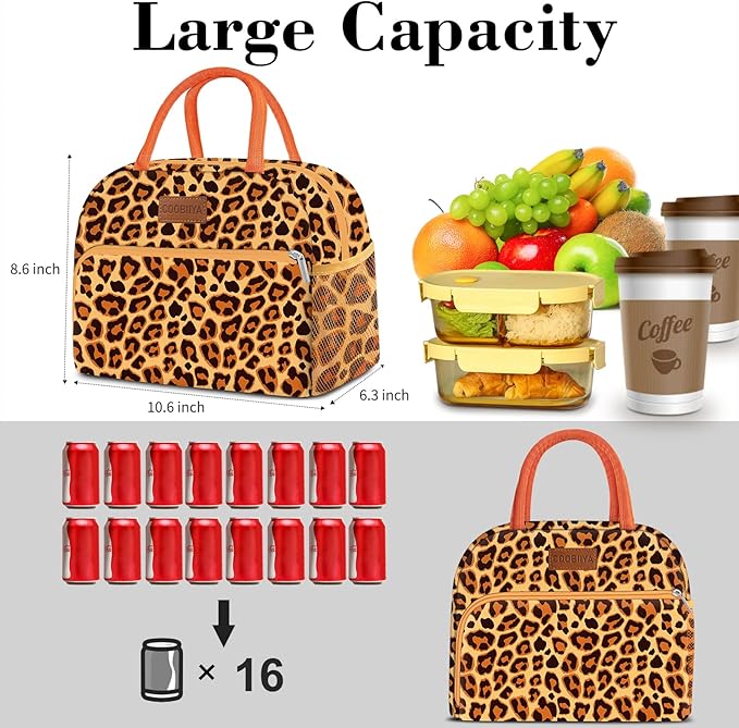 Coobiiya Lunch Bag Women, Lunch Box LunchBag for Women Adult Men, Small Leakproof Cute Lunch Tote Large Capacity Reusable Insulated Cooler Lunch Container for Work/Office/Picnic/Travel-OrangeLeopard