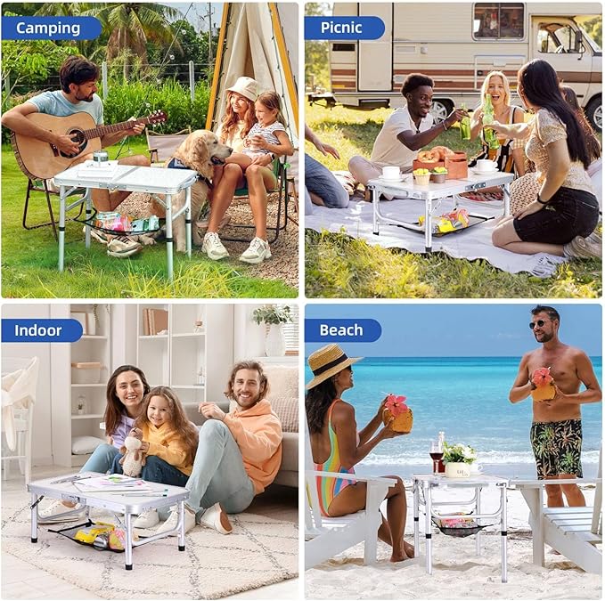 Sportneer Camping Table: Adjustable Height Small Folding Table 23.6" L x 15.7" W 2 Height with Mesh Layer - Compact & Portable Camping Essentials for Outdoor Camp Garden Picnic BBQ Dining Cooking
