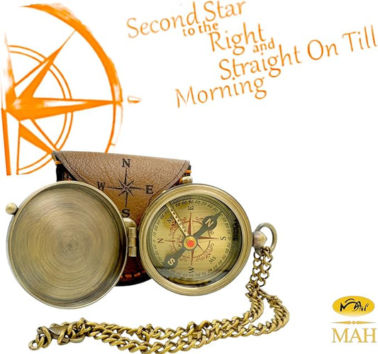 Second Star to The Right J. M. Barrie, Peter Pan Engraved Handmade Brass Compass for Birthday, Graduation Day, Confirmation Gift, Valentine Gift Parting Gift and Campion, Hiking Compass with Case