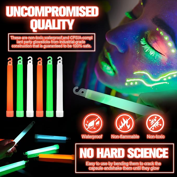 Sotiff 96 Pcs 6 Inch Large Bright Glow Sticks Light Sticks Halloween Favors Emergency Chem Sticks Cheer Stick for Party Activities Birthday Wedding Concerts Halloween Decor