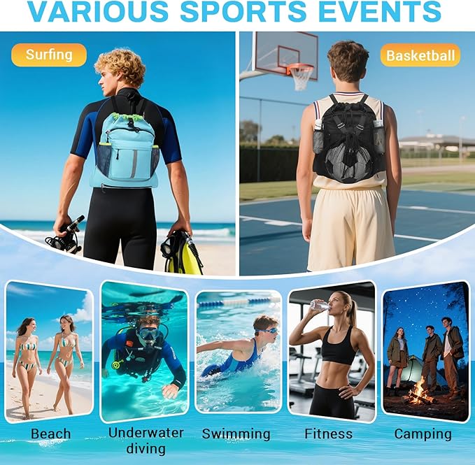 Drawstring Backpack, Waterproof Sandproof Beach Backpack for Sport Gear Small Gym Bag with Hidden Ball Net Pocket and Seperated Wet Pocket Draw String Back Bag for Women Men, Blue