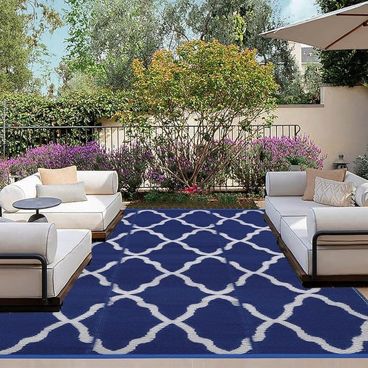 OutdoorLines Outdoor Plastic Area Rugs for Patio 6x9 ft - Reversible Outside Carpet, Stain & UV Resistant RV Mats, Straw Rug for Camping, Deck Garden, Porch and Balcony, Moroccan Navy & Light Grey