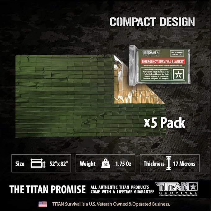TITAN Survival Emergency Mylar Army Green Survival Blankets, Two-Sided, 5-Pack (Olive-DRAB)
