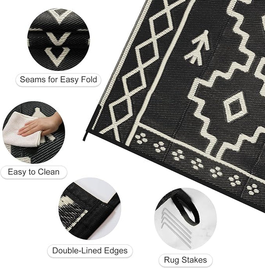 Uphome Outdoor Plastic Straw Rug 6x9 ft, Reversible Waterproof Outdoor Rug Carpet, Black Boho Patio Rug, RV Camping Rug for Outside, Indoor Outdoor Area Rug for Backyard Deck Balcony Picnic, 6'x9'