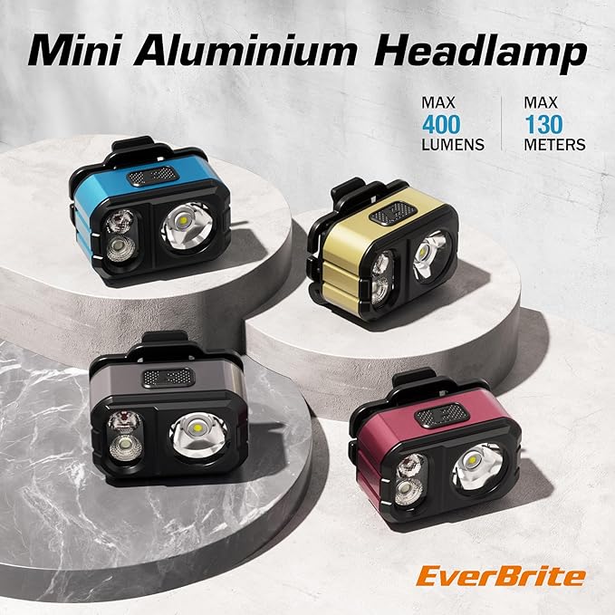 EverBrite Rechargeable LED Headlamp, Ultra-Light with Hat Clip, IP67 Waterproof, White/Red/Green Light, 7 Modes for Camping, Running and Backpacking-Blue