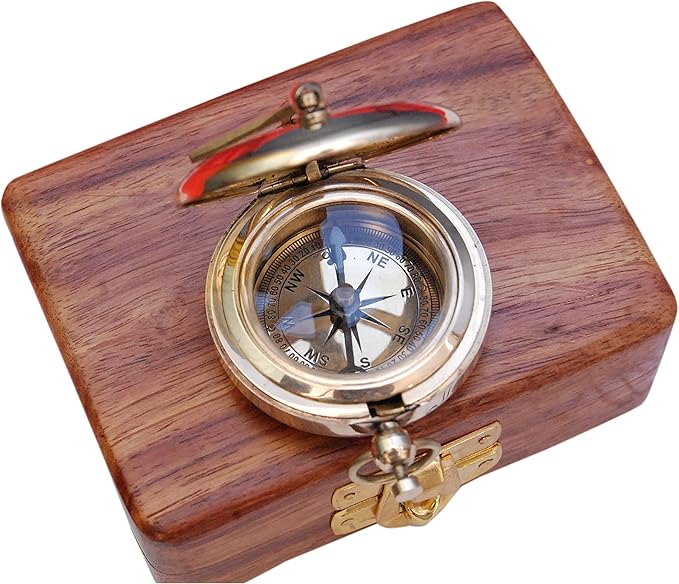Brass Nautical Compass with Wooden Case - Antique Brass & Copper Sun Clock for Camping, Hiking, Touring - Engraved Gift for Him - Nautical Clock - Compass Gift