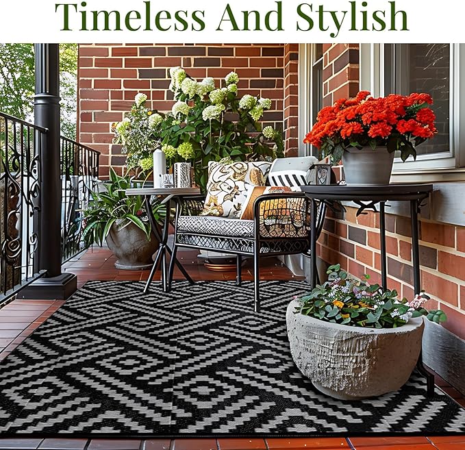 OPPODREAM Outdoor Rug 4x6 Ft, Waterproof Outdoor Plastic Straw Rug for Patio, Reversible Out Door Carpet for Camping, Deck, Rv, 4 x 6 Area Carpet for Balcony, Porch, Backyard, Black and Grey