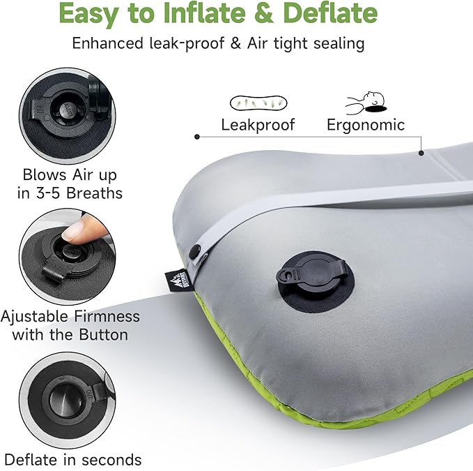 OUTSKIRT Inflatable Travel Pillow, 2-in-1 Camping Pillows for Sleeping, Ergonomic & Lightweight Small Backpacking Pillow for Travel, Hiking, Camping & Outdoor Activities, Green
